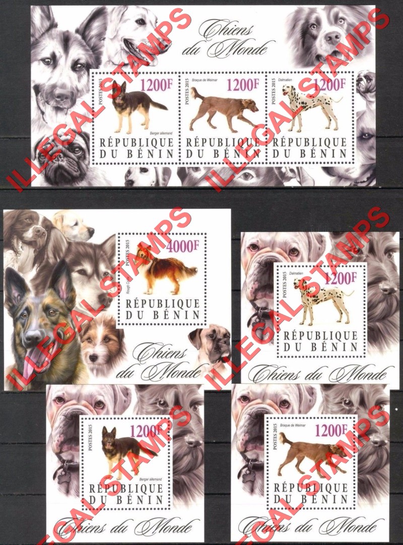 Benin 2015 Dogs Illegal Stamp Souvenir Sheets of 3 and 1