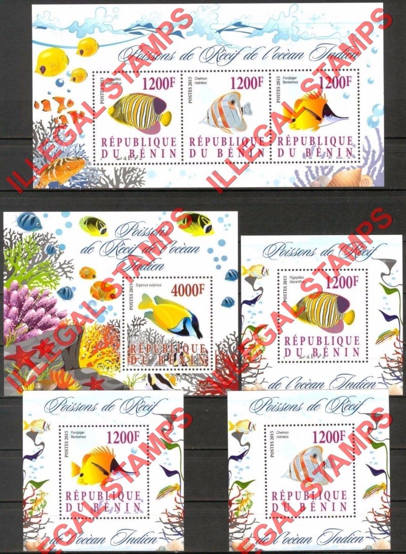 Benin 2015 Fish in the Indian Ocean Reef Illegal Stamp Souvenir Sheets of 3 and 1
