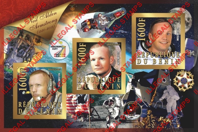 Benin 2015 Leaders Neil Armstrong Illegal Stamp Souvenir Sheet of 3