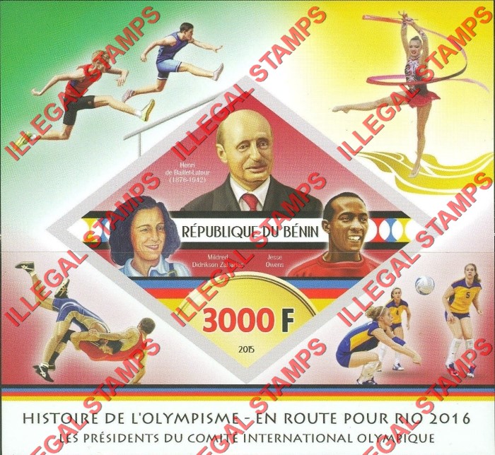 Benin 2015 Olympic Games Presidents Henri de Baillet-Latour Illegal Stamp Souvenir Sheet of 1