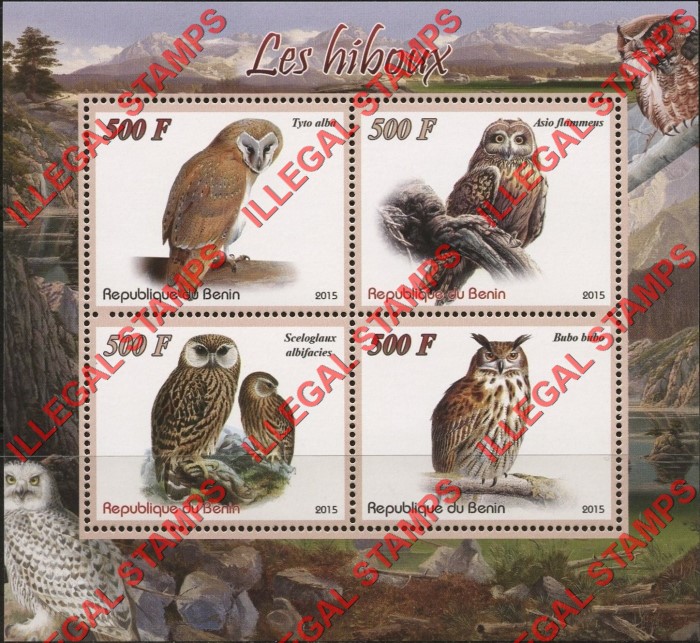 Benin 2015 Owls Illegal Stamp Souvenir Sheet of 4