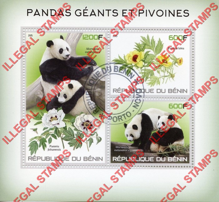 Benin 2015 Pandas and Flowers Illegal Stamp Souvenir Sheet of 3