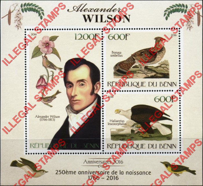 Benin 2016 Alexander Wilson Illegal Stamp Souvenir Sheet of 3