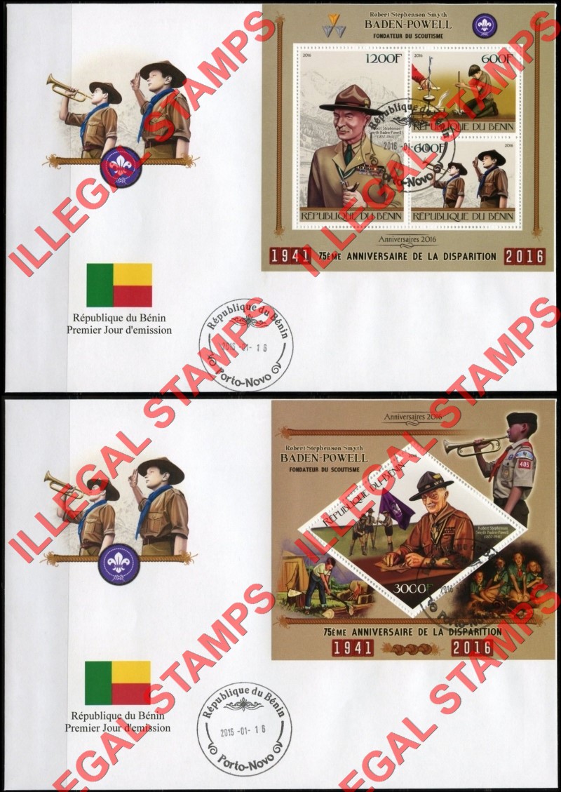 Benin 2016 Baden Powell Scouts Illegal Stamp Souvenir Sheets on Fake First Day Covers