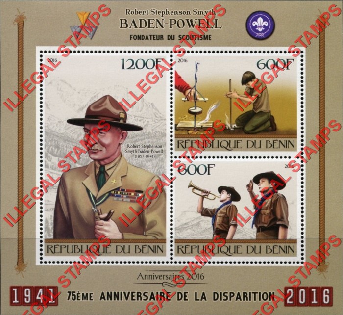 Benin 2016 Baden Powell Scouts Illegal Stamp Souvenir Sheet of 3