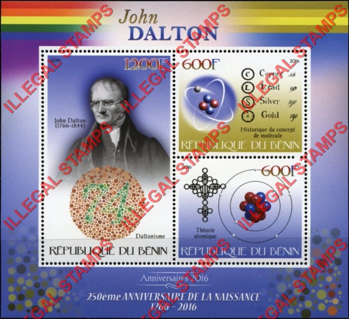 Benin 2016 John Dalton Illegal Stamp Souvenir Sheet of 3