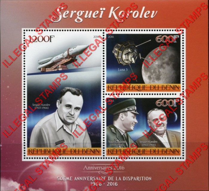 Benin 2016 Serguei Korolev Space Illegal Stamp Souvenir Sheet of 3