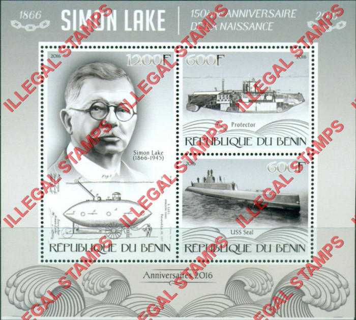 Benin 2016 Simon Lake Submarines Illegal Stamp Souvenir Sheet of 3