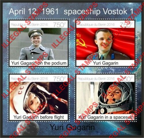 Benin 2016 Yuri Gagarin Illegal Stamp Souvenir Sheet of 4