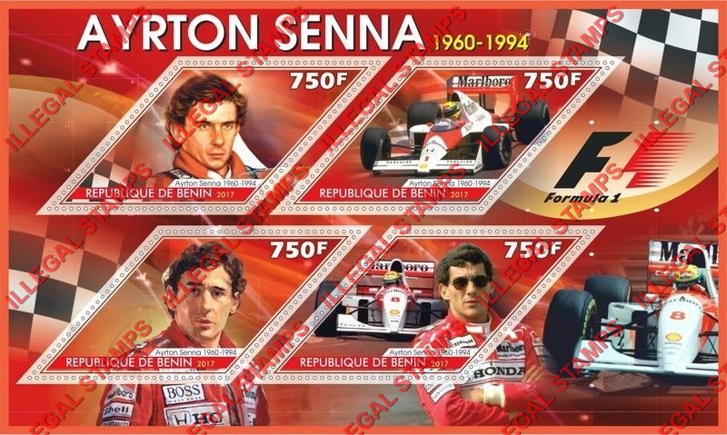 Benin 2017 Formula I Ayrton Senna Illegal Stamp Souvenir Sheet of 4