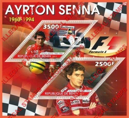Benin 2017 Formula I Ayrton Senna Illegal Stamp Souvenir Sheet of 2