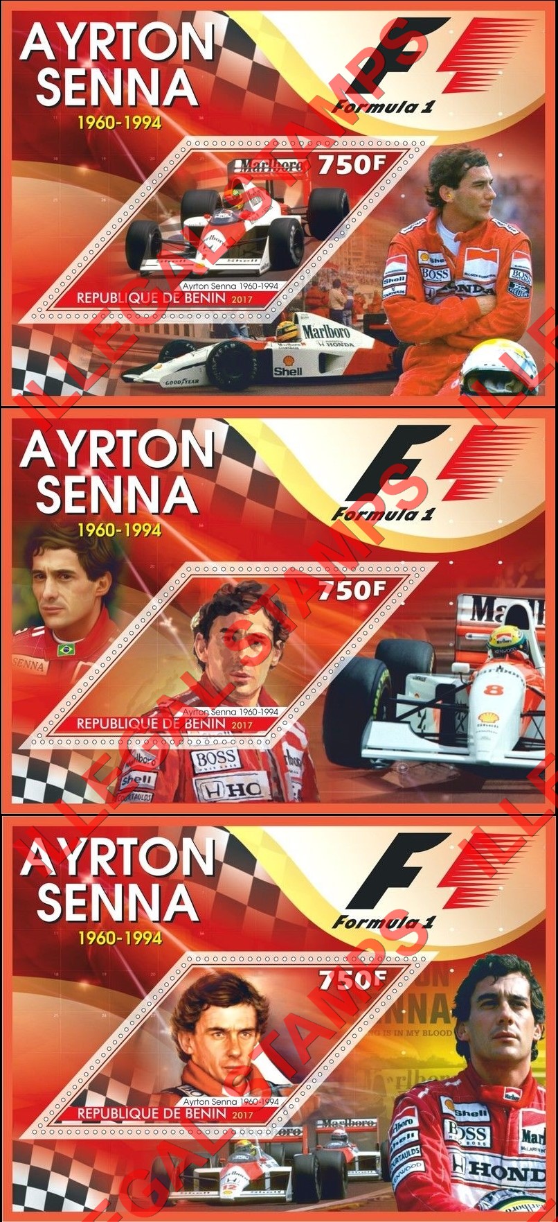 Benin 2017 Formula I Ayrton Senna Illegal Stamp Souvenir Sheets of 1 (Part 2)