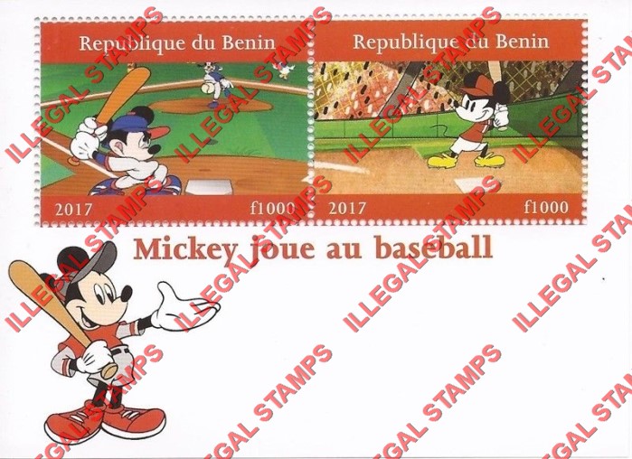 Benin 2017 Mickey Mouse Baseball Illegal Stamp Souvenir Sheet of 2