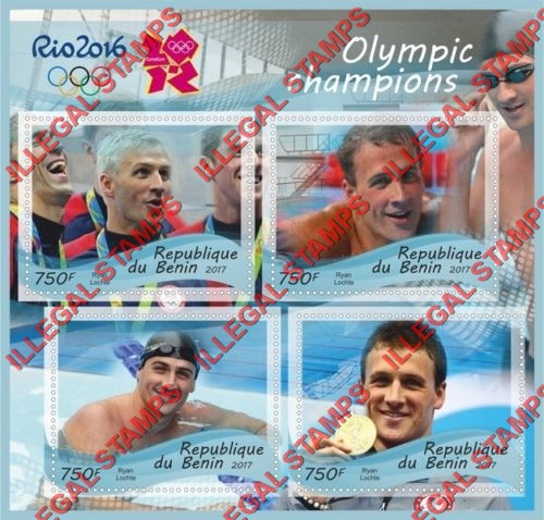 Benin 2017 Olympic Champions Rio Swimming Ryan Lochte Illegal Stamp Souvenir Sheet of 4