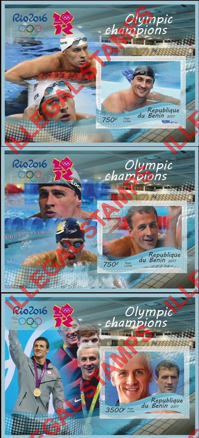 Benin 2017 Olympic Champions Rio Swimming Ryan Lochte Illegal Stamp Souvenir Sheets of 1 (Part 1)