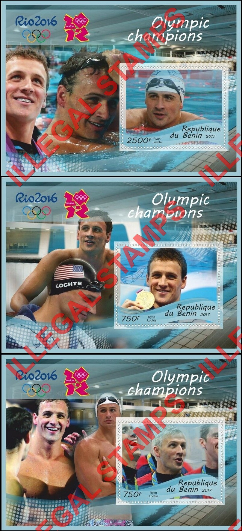 Benin 2017 Olympic Champions Rio Swimming Ryan Lochte Illegal Stamp Souvenir Sheets of 1 (Part 2)
