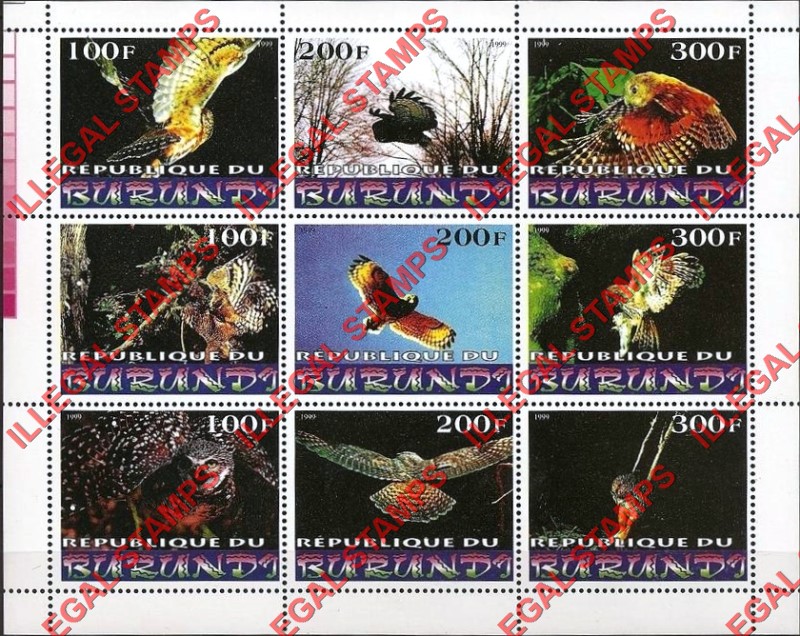 Burundi 1999 Birds of Prey Counterfeit Illegal Stamp Souvenir Sheet of 9