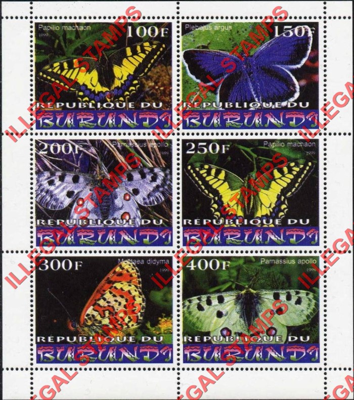 Burundi 1999 Butterflies Counterfeit Illegal Stamp Souvenir Sheet of 6