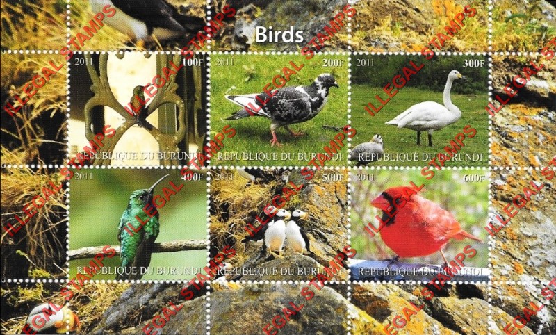 Burundi 2011 Birds Counterfeit Illegal Stamp Souvenir Sheet of 6 (Sheet 1)