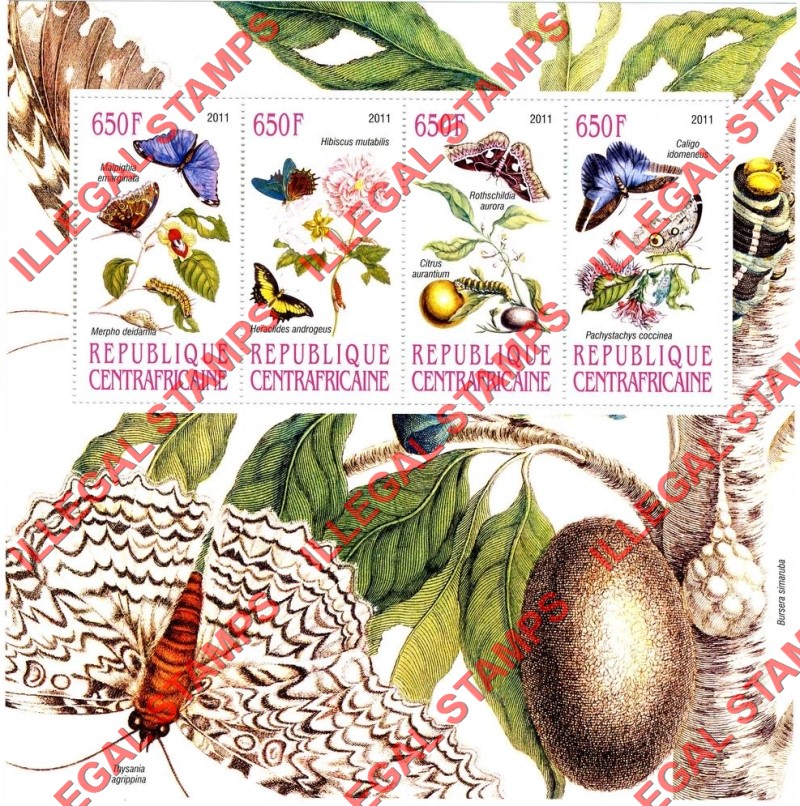 Central African Republic 2011 Butterflies and Insects Illegal Stamp Souvenir Sheet of 4