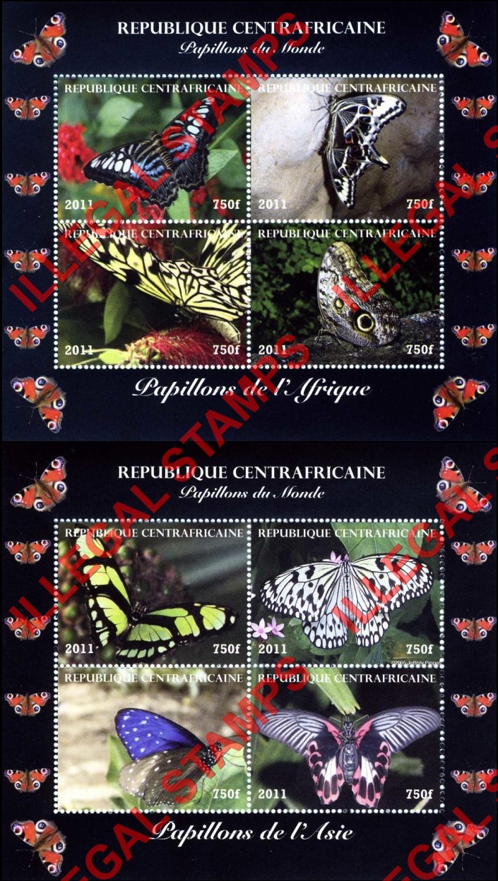 Central African Republic 2011 Butterflies of the World Illegal Stamp Souvenir Sheets of 4 (Part 1)