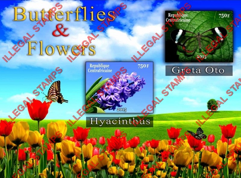 Central African Republic 2015 Butterflies and Flowers Illegal Stamp Souvenir Sheet of 2