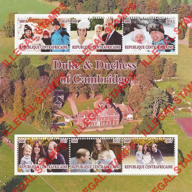 Central African Republic 2015 Duke and Duchess of Cambridge Illegal Stamp Souvenir Sheet of 6