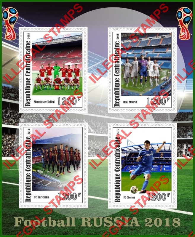 Central African Republic 2015 FIFA World Cup Soccer in Russia in 2018 Illegal Stamp Souvenir Sheet of 4