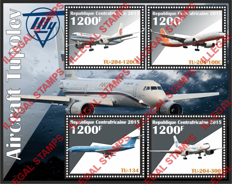 Central African Republic 2015 Tupolev Aircraft (different a) Illegal Stamp Souvenir Sheet of 4