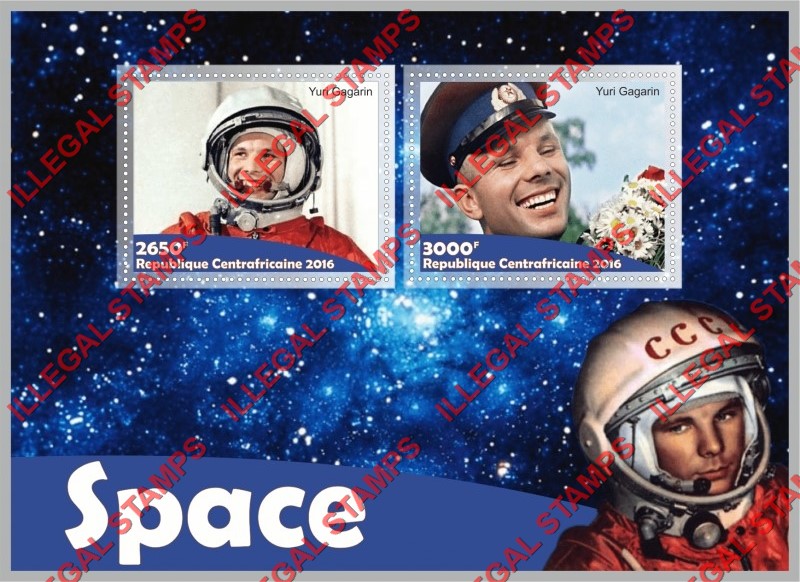 Central African Republic 2016 Space Yuri Gagarin Illegal Stamp Souvenir Sheet of 2