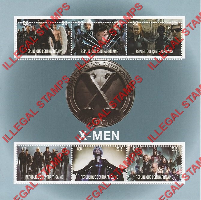 Central African Republic 2016 X-Men Illegal Stamp Souvenir Sheet of 6 (Sheet 2)