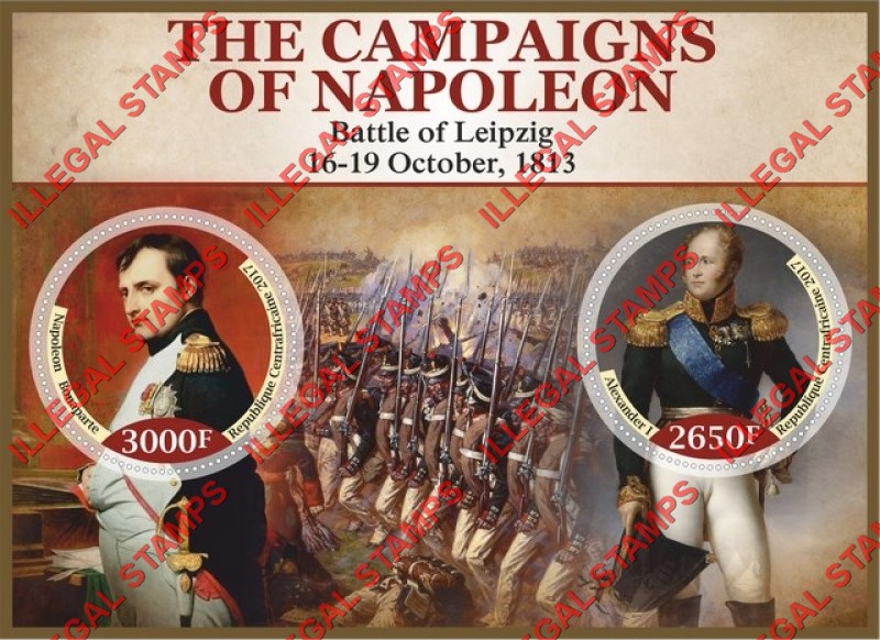 Central African Republic 2017 Napoleon Campaigns Battle of Leipzig Illegal Stamp Souvenir Sheet of 2