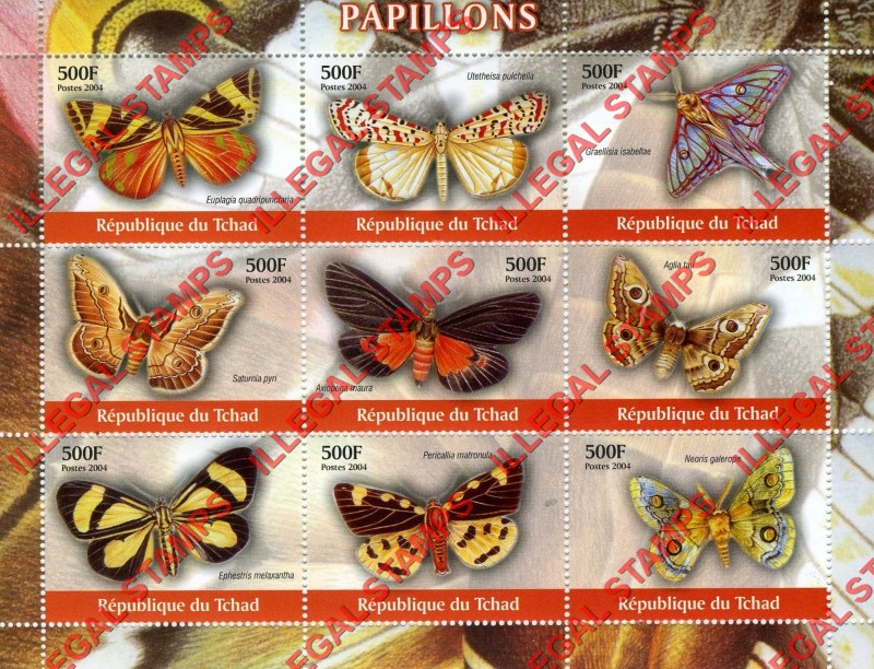 Chad 2004 Butterflies Illegal Stamps in Sheet of 9