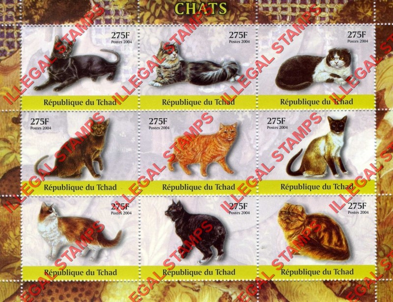 Chad 2004 Cats Illegal Stamps in Sheet of 9