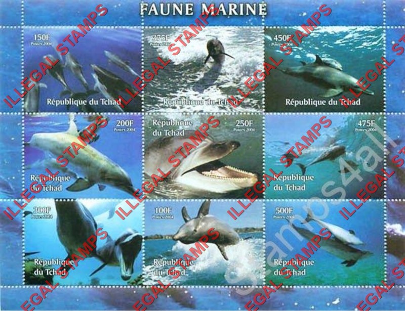 Chad 2004 Dolphins Marine Fauna Illegal Stamps in Sheet of 9