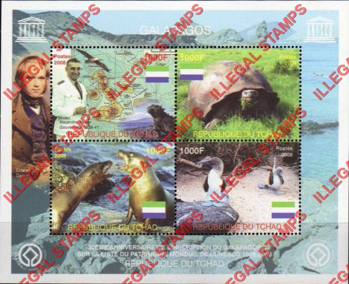 Chad 2008 The registration of the Galapagos into UNESCO 30th Anniversary Illegal Stamps in Souvenir Sheet of 4