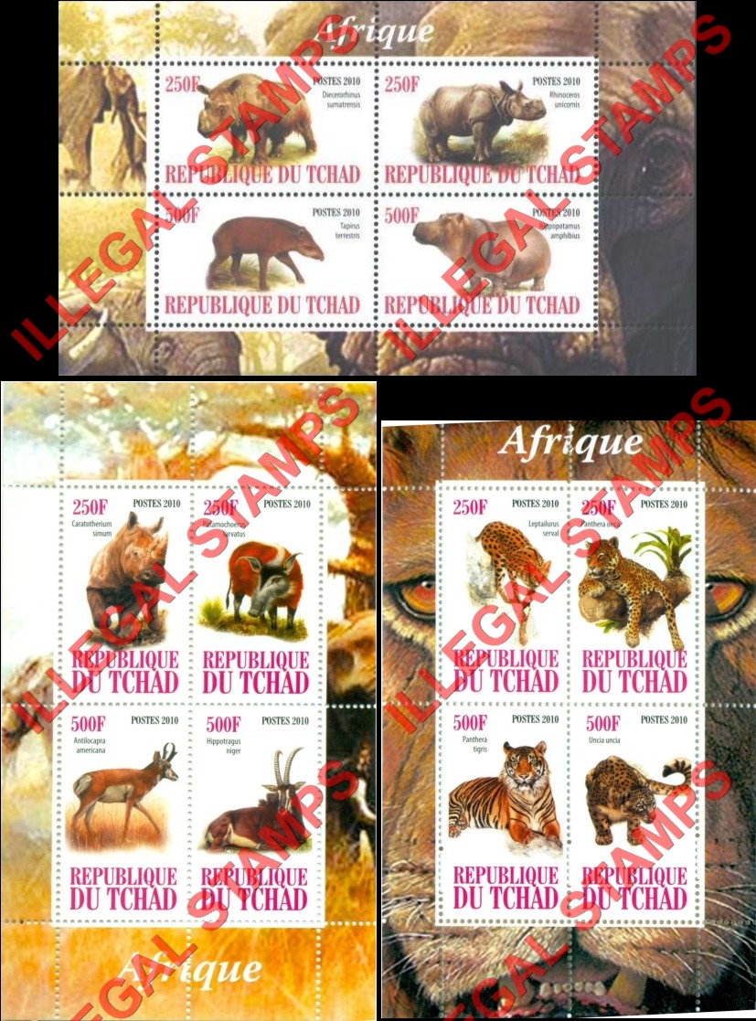Chad 2010 African Fauna Animals Illegal Stamps in Souvenir Sheets of 4