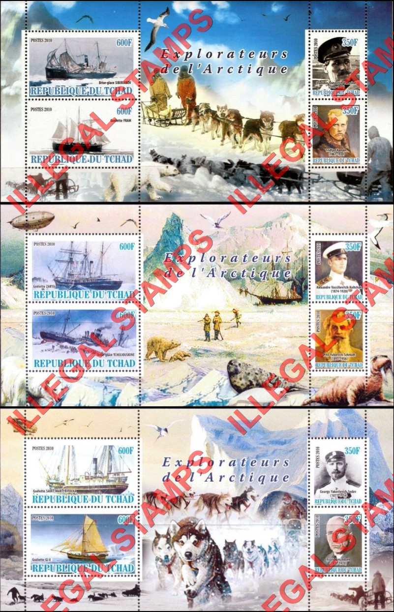 Chad 2010 Arctic Explorers Ships Illegal Stamps in Souvenir Sheets of 4