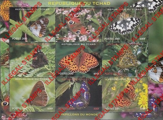 Chad 2010 Butterflies Illegal Stamps in Sheet of 9