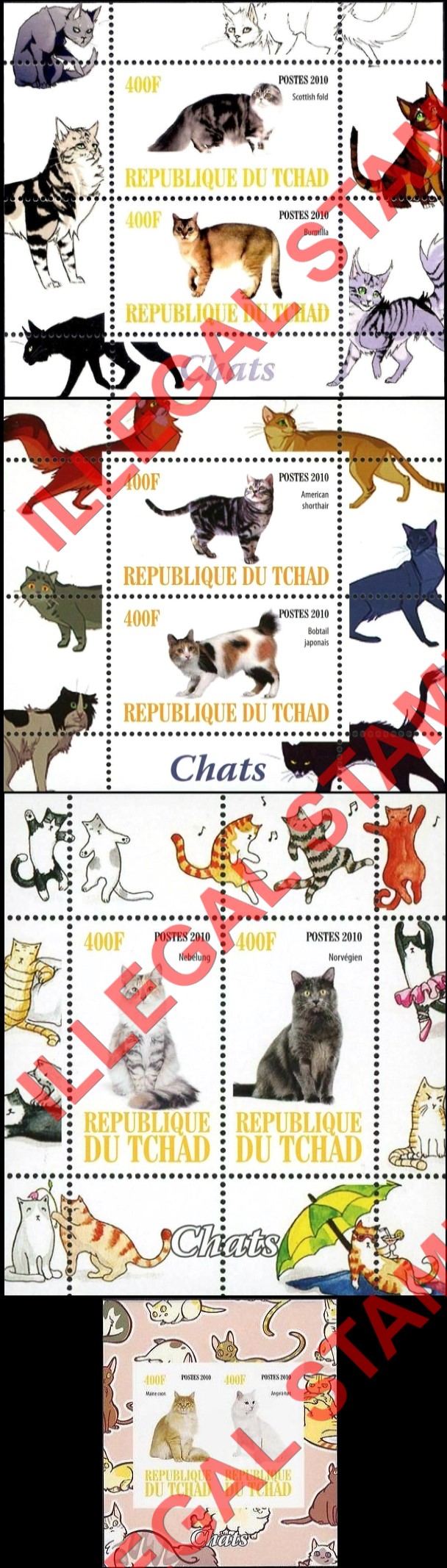 Chad 2010 Cats Illegal Stamps in Souvenir Sheets of 2