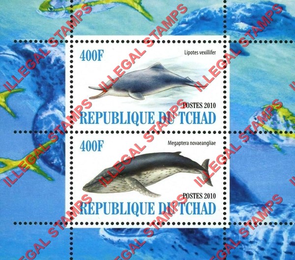 Chad 2010 Whales and Dolphins Illegal Stamps in Souvenir Sheet of 2