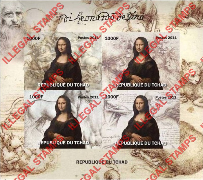Chad 2011 Leonardo da Vinci Mona Lisa Illegal Stamps in Souvenir Sheet of 4
