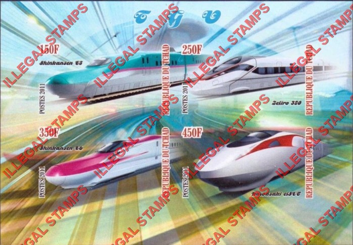 Chad 2011 TGV Trains Illegal Stamps in Souvenir Sheet of 4