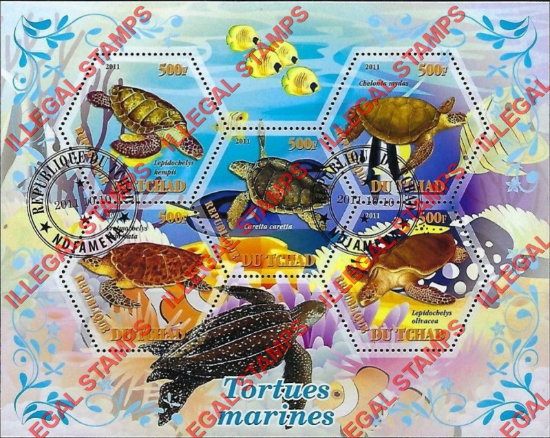 Chad 2011 Turtles Illegal Stamps in Souvenir Sheet of 5