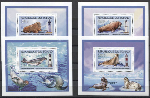 Chad 2012 Walruses, Seals and Lighthouses Stamp Set Scott Number 1003-1006 Noted Souvenir Sheets
