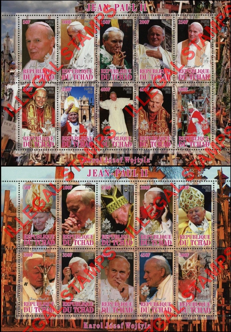 Chad 2012 Pope John Paul II Illegal Stamps in Sheets of 10