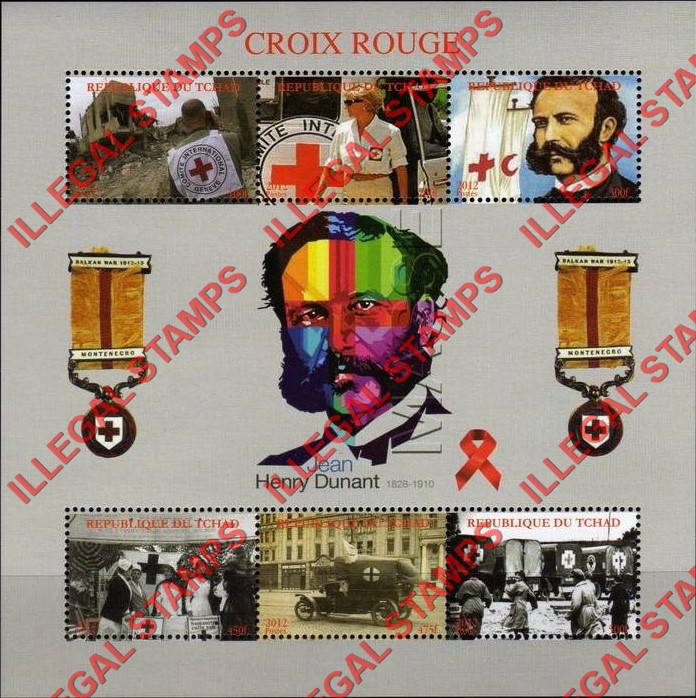 Chad 2012 Red Cross Jean Henry Dunant Illegal Stamps in Souvenir Sheet of 6