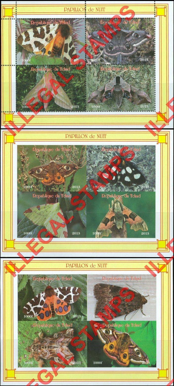 Chad 2013 Moths Night Butterflies Illegal Stamps in Souvenir Sheets of 4