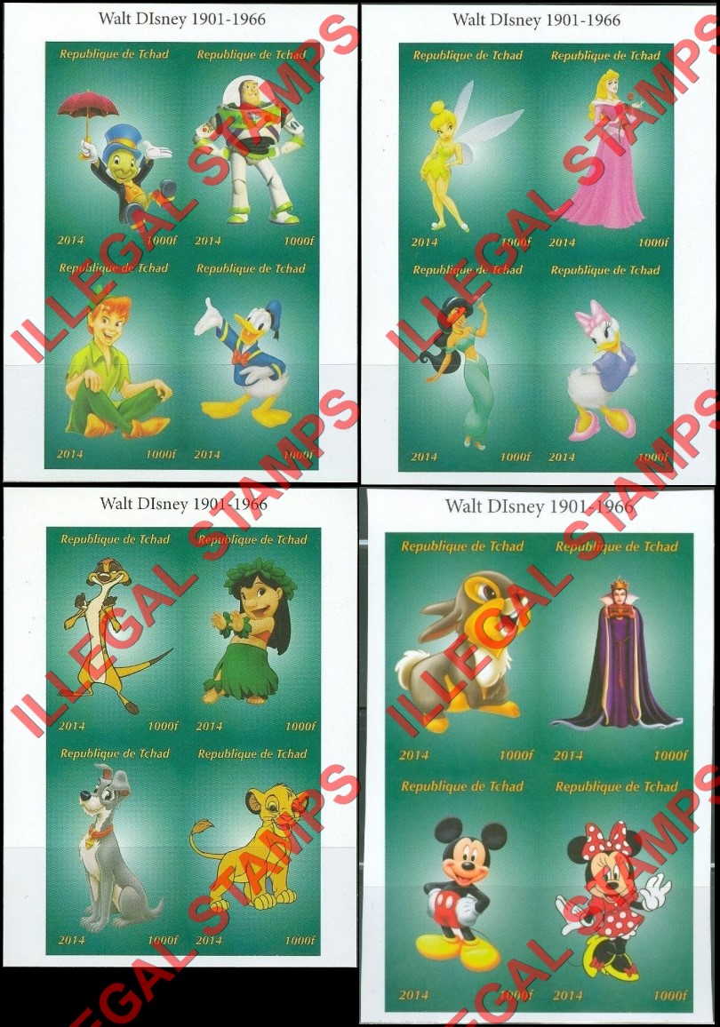 Chad 2014 Disney Characters Illegal Stamps in Souvenir Sheets of 4 (Part 1)