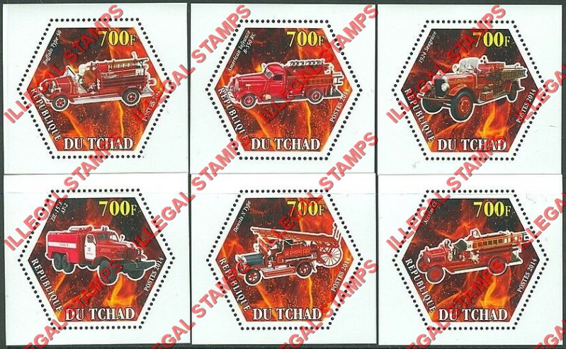 Chad 2014 Fire Engines Trucks Illegal Hexagon Stamps in Deluxe Souvenir Sheets of 1